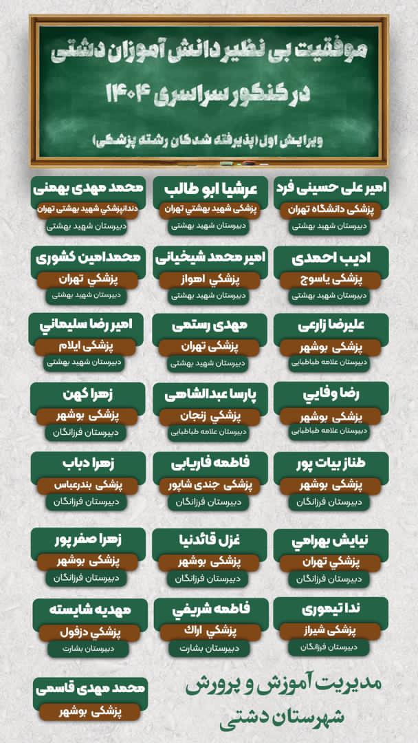 موفقیت بی‌نظیر دانش‌آموزان دشتی در کنکور سراسری ۱۴۰۴، پذیرفته‌شدگان رشته پزشکی